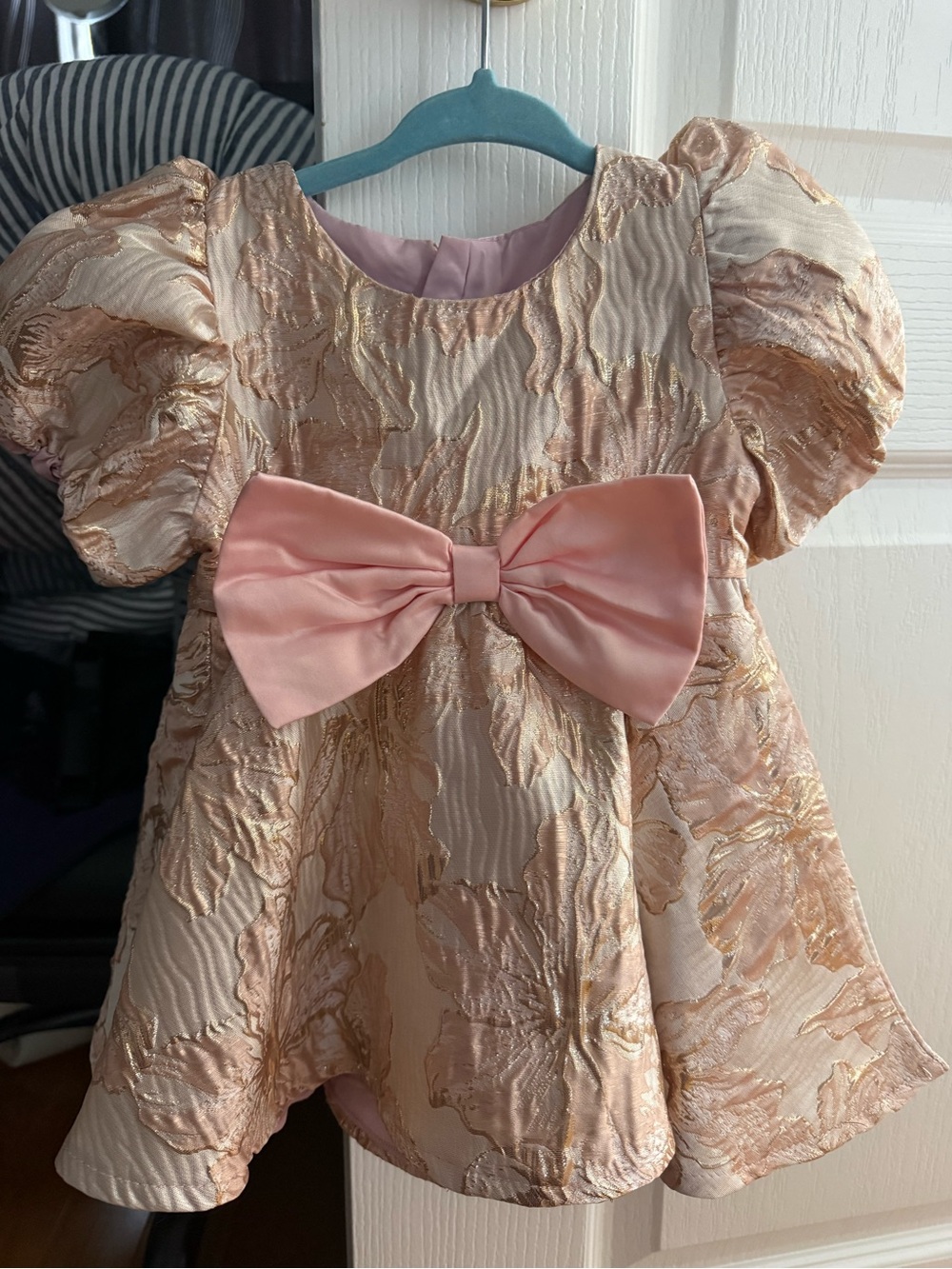 Girls Pink and Gold Brocade Party Dress with Bow